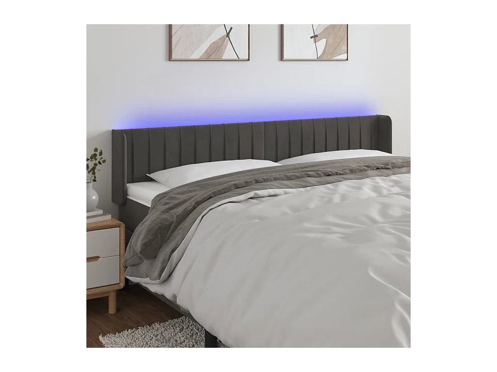 Tête de Lit | Panneau de tête pour lit Moderne à LED Gris foncé 183x16x78/88 cm Velours