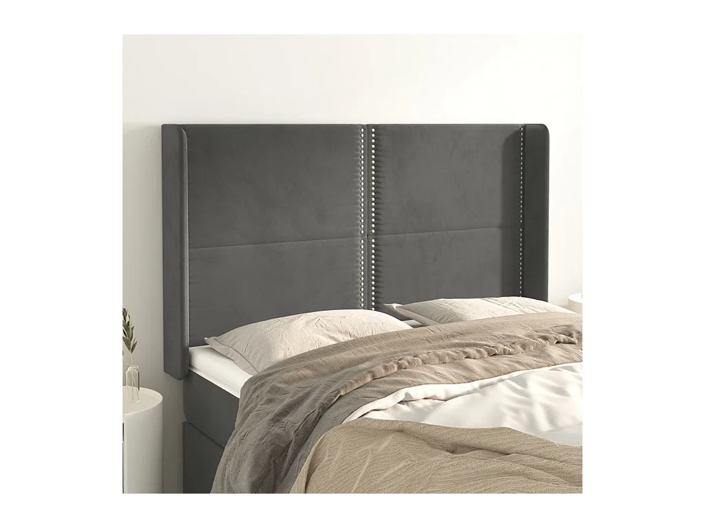 Cabecero | Cabezal de Cama | Mueble cabecero con orejas de terciopelo gris oscuro 147x16x118/128 cm