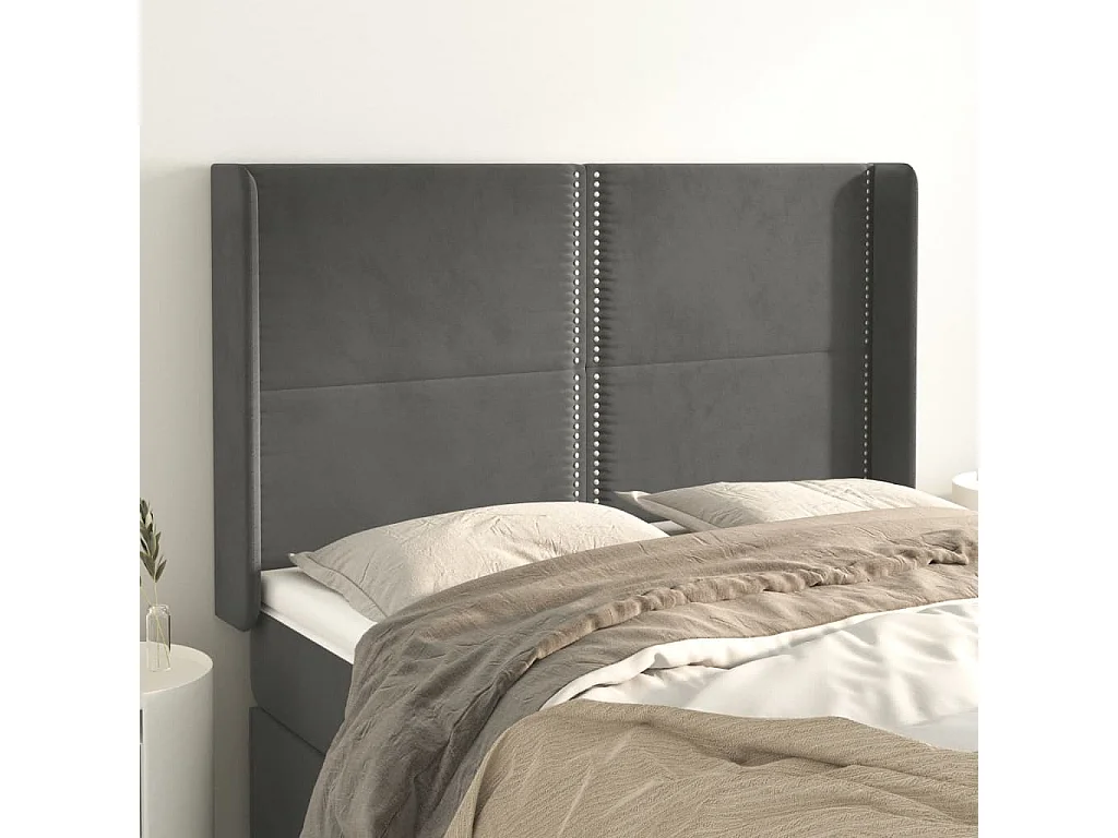 Tête de Lit | Panneau de tête pour lit Moderne avec oreilles Gris foncé 147x16x118/128 cm Velours
