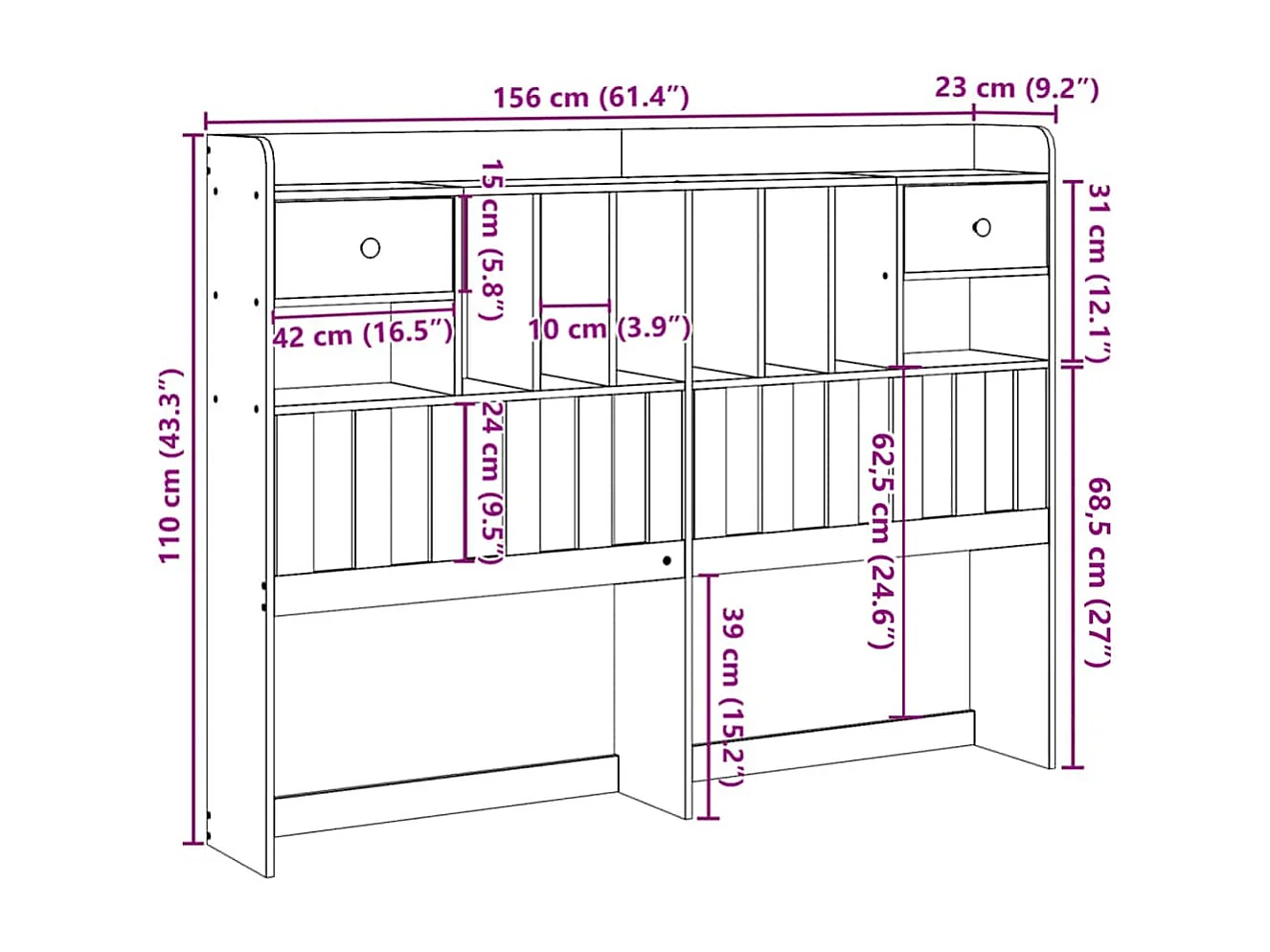 Cabecero de Cama | Cabezal de cama | Mueble de cabecero con almacenaje madera maciza de pino 150 cm