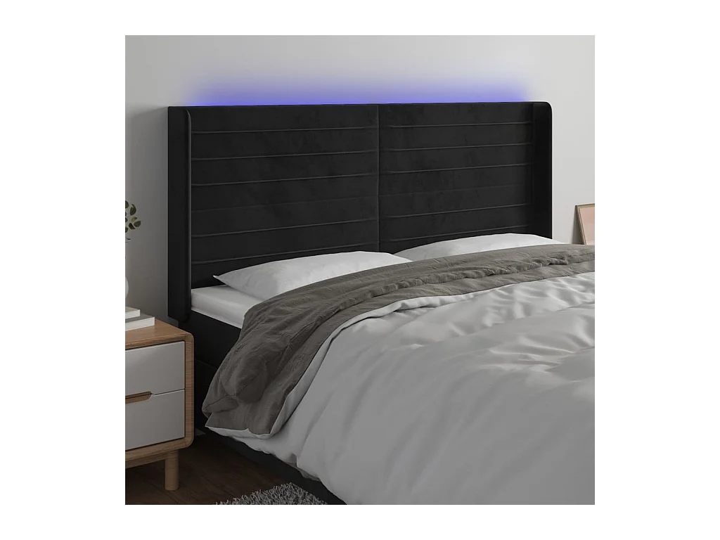 Cabecero | Cabezal de Cama | Mueble cabecero con LED de terciopelo negro 203x16x118/128 cm