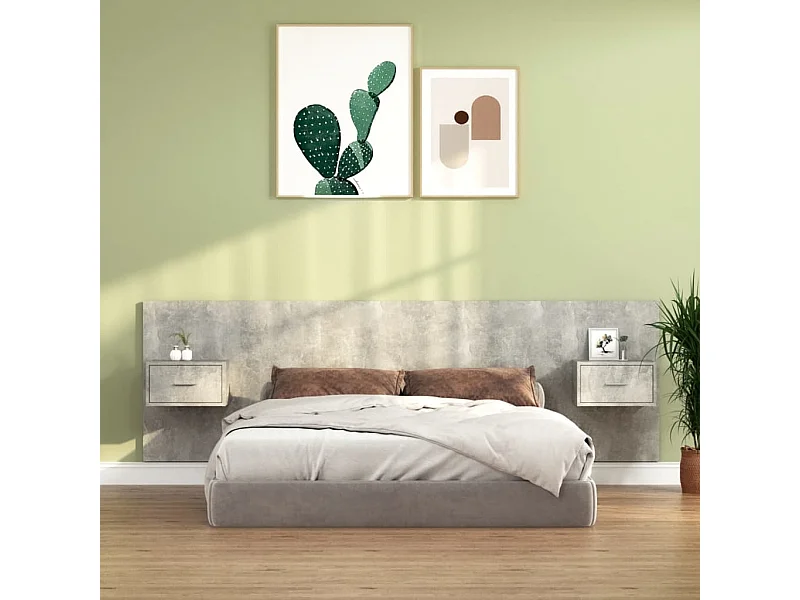 Mueble cabecero | Cabezal de cama | Cabecero de cama y mesitas madera contrachapada gris hormigón