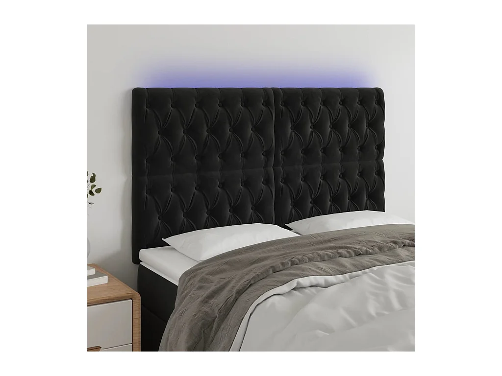 Cabecero | Cabezal de Cama | Mueble cabecero con luces LED terciopelo negro 144x7x118/128 cm