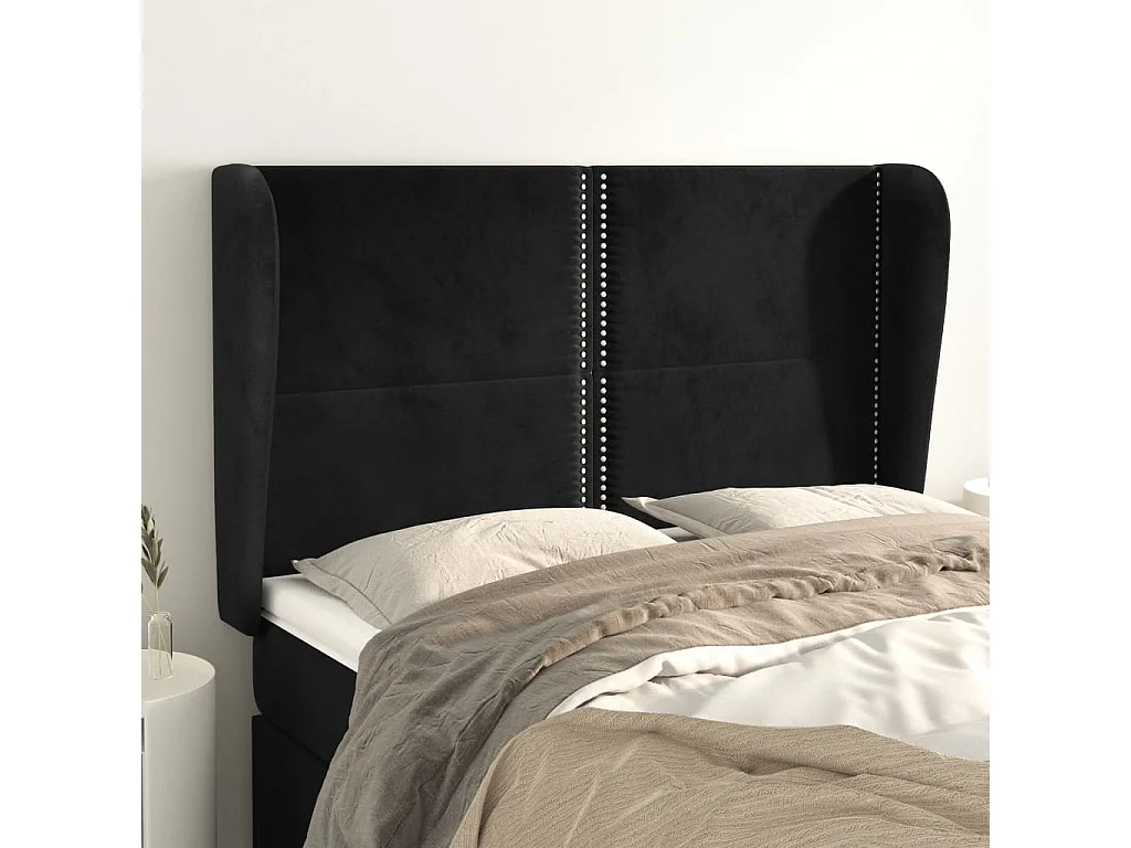 Cabecero | Cabezal de Cama | Mueble cabecero con orejas de terciopelo negro 147x23x118/128 cm