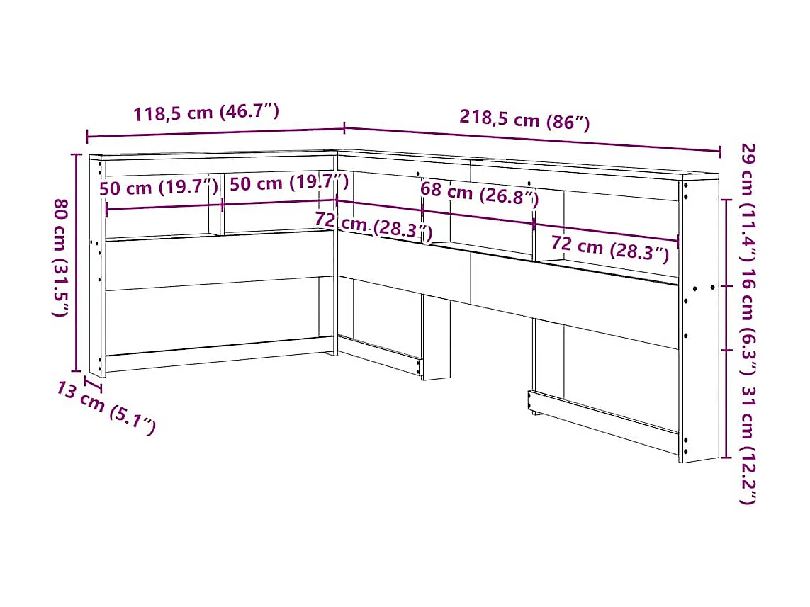 Mueble cabecero | Cabecero | Cabezal de cama librería en forma de L madera maciza pino blanco 100cm