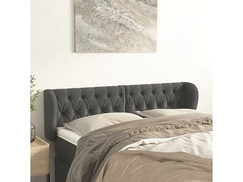 Tête de Lit | Panneau de tête pour lit Moderne avec oreilles Gris foncé 163x23x78/88 cm Velours