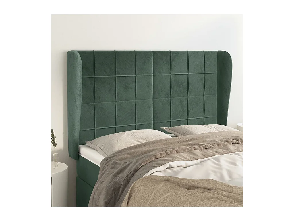 Cabecero | Cabezal de Cama | Mueble cabecero con orejas de terciopelo verde oscuro 147x23x118/128cm