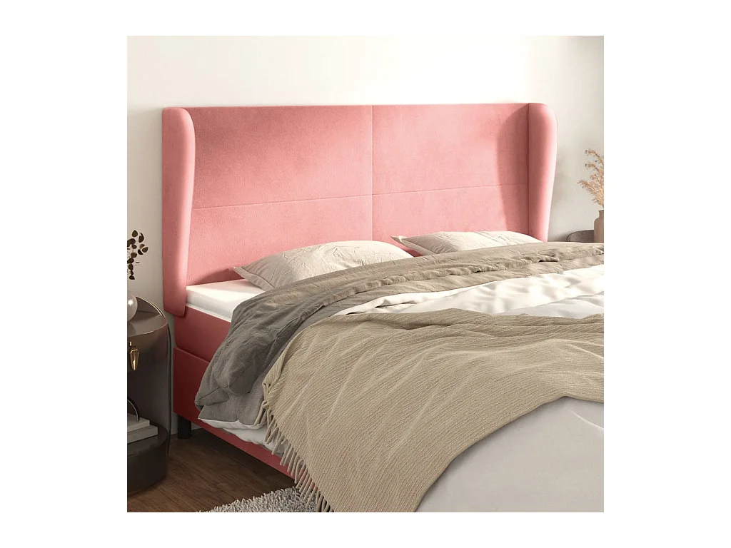Cabecero | Cabezal de Cama | Mueble cabecero con orejas de terciopelo rosa 203x23x118/128 cm
