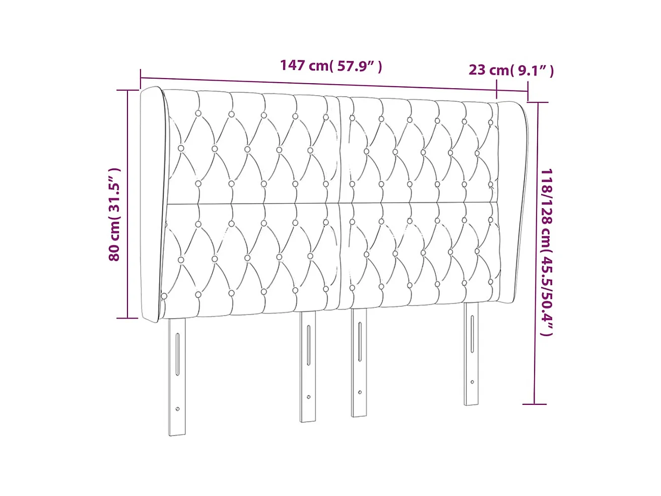 Cabecero | Cabezal de Cama | Mueble cabecero con orejas de tela azul 147x23x118/128 cm