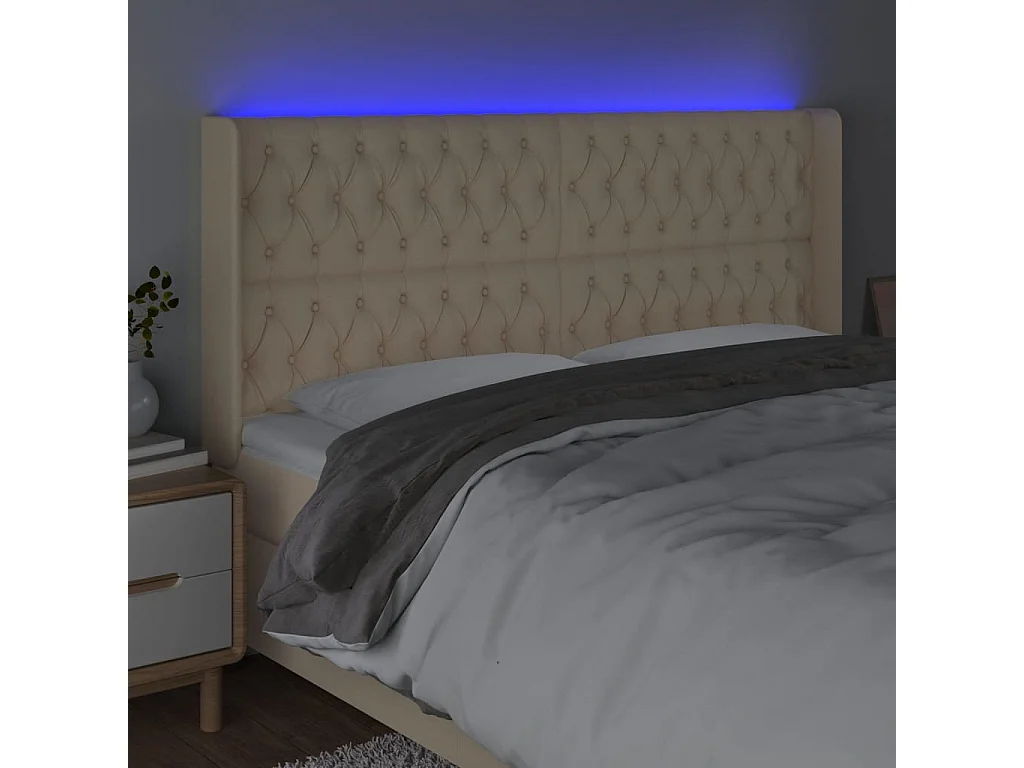 Tête de Lit | Panneau de tête pour lit Moderne à LED Crème 203x16x118/128 cm Tissu