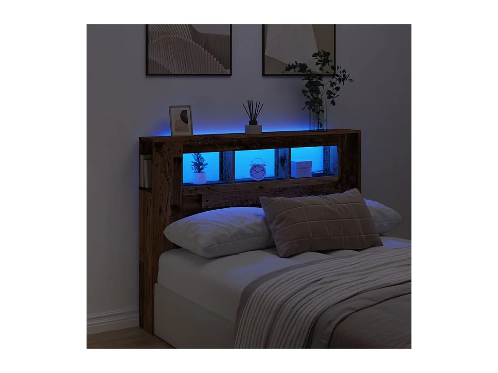 Cabecero | Cabezal de Cama | Mueble cabecero con LED madera ingeniería envejecida 140x18,5x103,5 cm