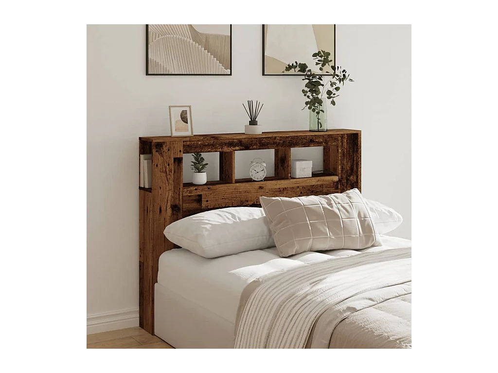 Cabecero | Cabezal de Cama | Mueble cabecero con LED madera ingeniería envejecida 140x18,5x103,5 cm