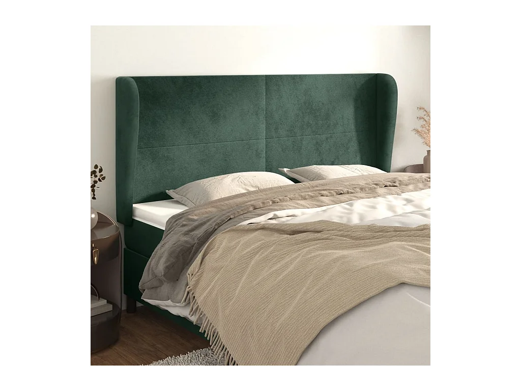 Cabecero | Cabezal de Cama | Mueble cabecero con orejas de terciopelo verde oscuro 203x23x118/128cm
