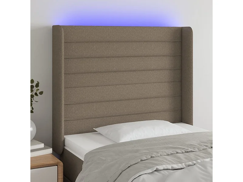 Mueble cabecero | Cabezal de cama | Cabecero con LED de tela gris taupe 83x16x118/128 cm