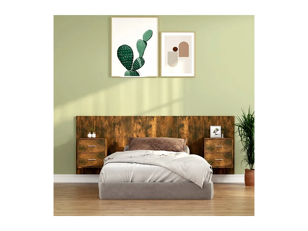 Cabecero de Cama | Cabezal de cama | Mueble de cabecero con mesitas madera contrachapada roble ahumado