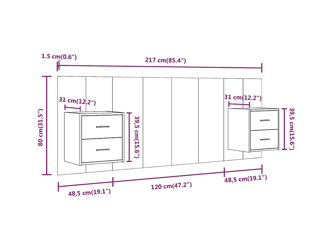 Cabecero de Cama | Cabezal de cama | Mueble de cabecero con mesitas madera contrachapada roble ahumado