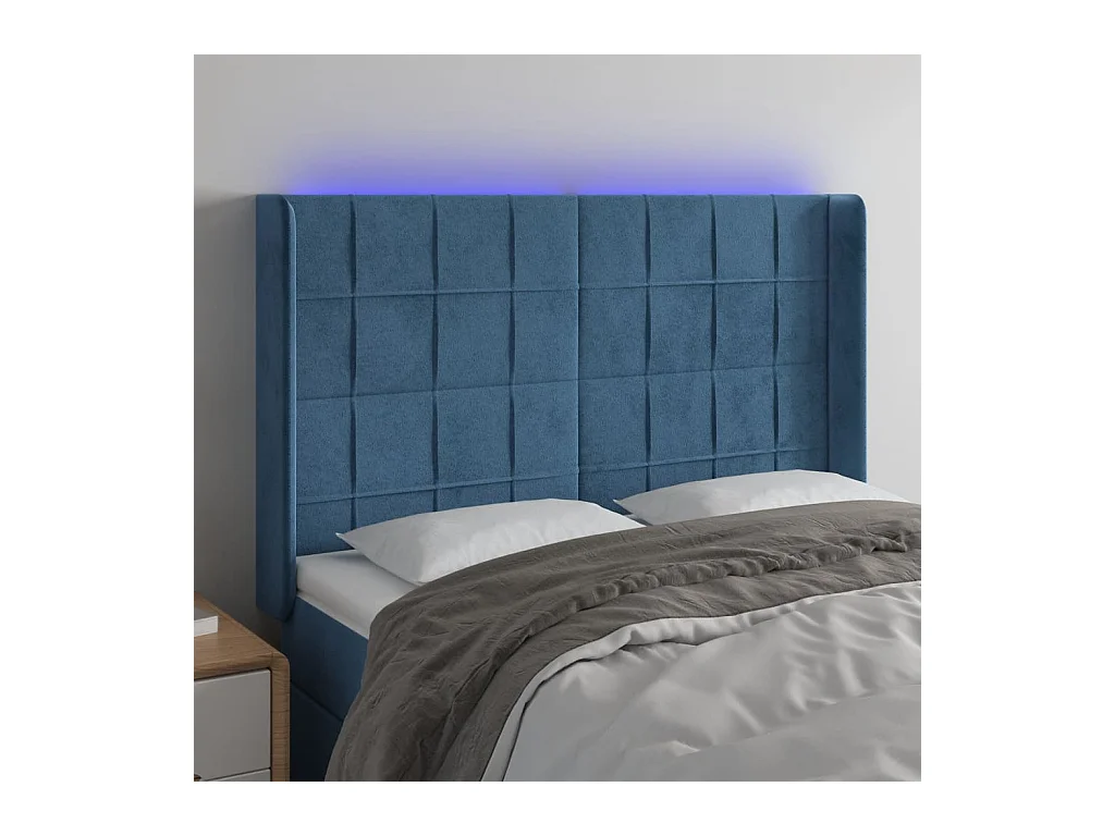 Tête de Lit | Panneau de tête pour lit Moderne à LED Bleu foncé 147x16x118/128 cm Velours