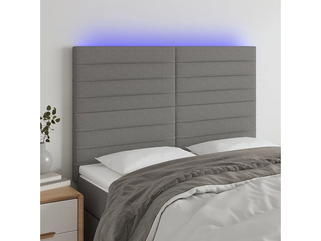 Tête de Lit | Panneau de tête pour lit Moderne à LED Gris foncé 144x5x118/128 cm Tissu