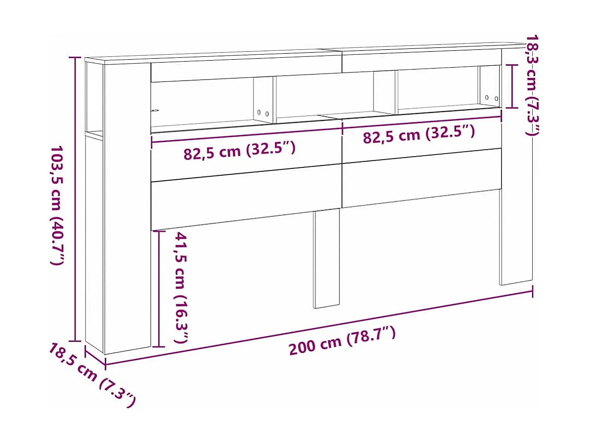 Mueble cabecero | Cabecero | Cabezal de cama LED con estante Roble negro 200 x 18.5 x 103.5 cm