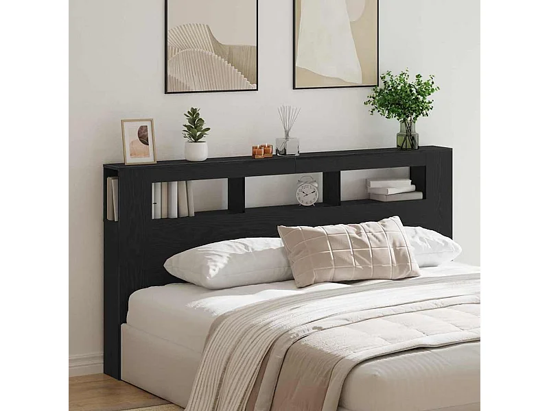 Mueble cabecero | Cabecero | Cabezal de cama LED con estante Roble negro 200 x 18.5 x 103.5 cm