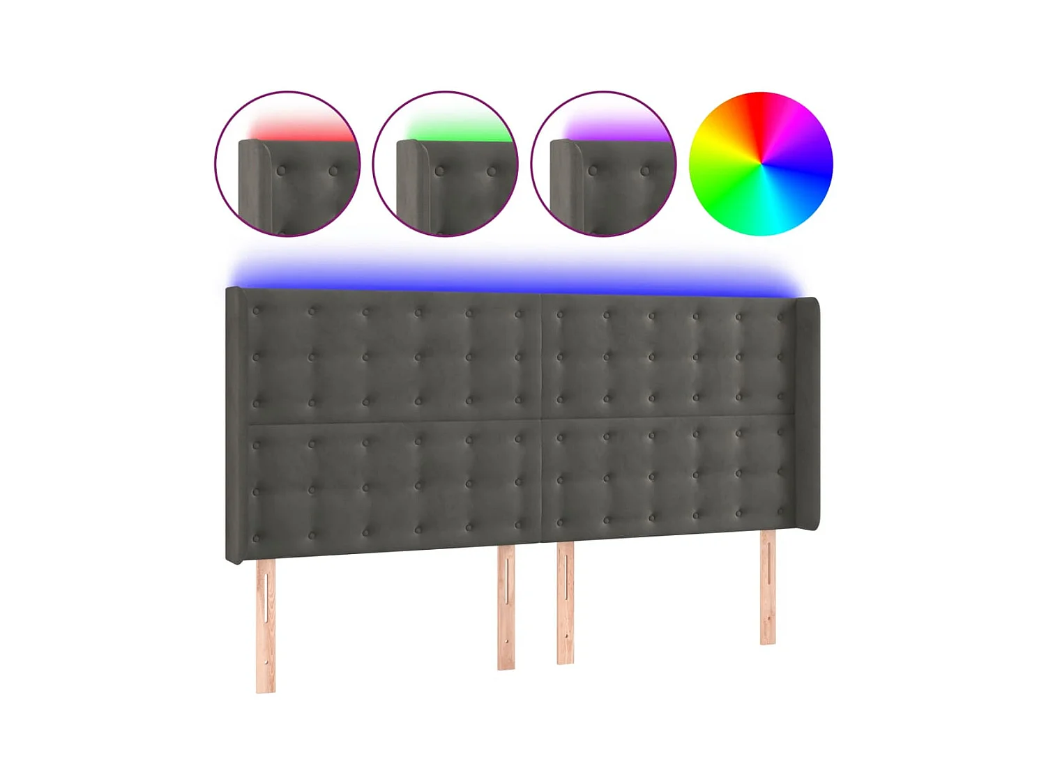 Cabecero | Cabezal de Cama | Mueble cabecero con LED de terciopelo gris oscuro 203x16x118/128 cm