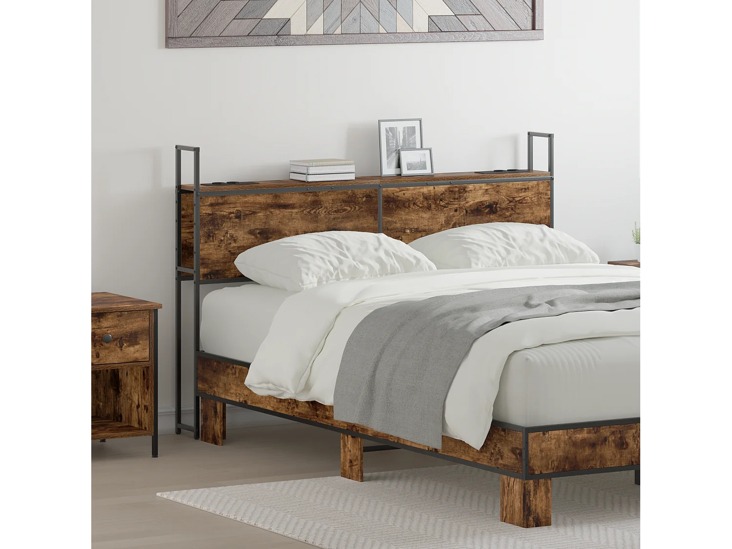 Mueble cabecero | Cabezal de cama | Cabecero de Almacenamiento con Estación de Carga Roble ahumado