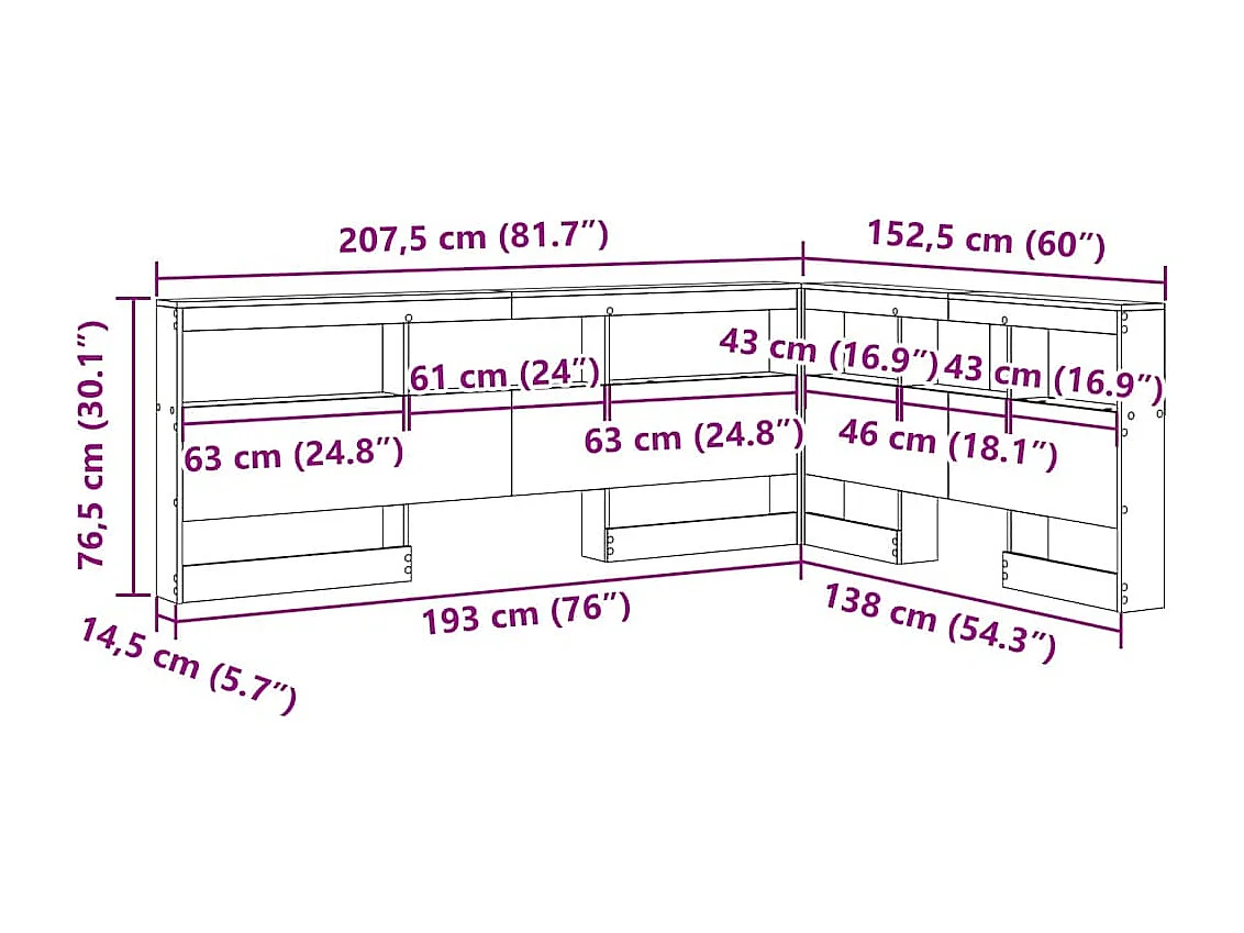Tête de Lit de rangement | Panneau de tête pour lit avec étagère chêne artisanal 135 cm