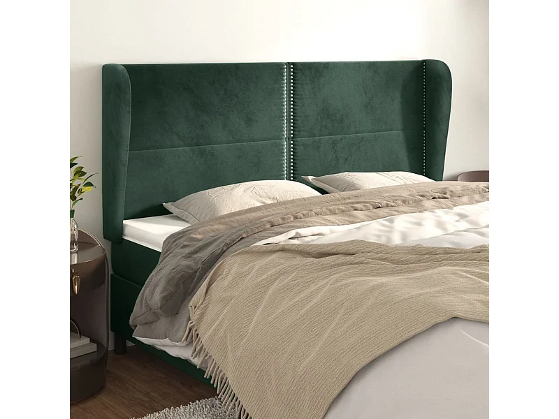 Tête de Lit | Panneau de tête pour lit Moderne avec oreilles Vert foncé 203x23x118/128 cm Velours
