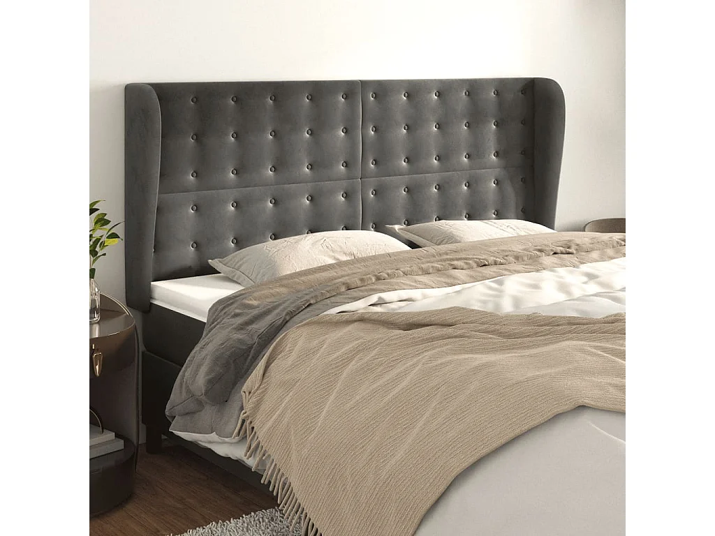 Tête de Lit | Panneau de tête pour lit Moderne avec oreilles Gris foncé 183x23x118/128 cm Velours