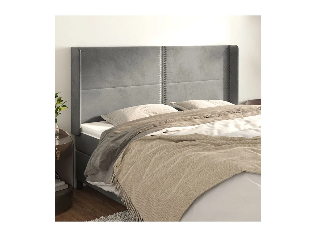 Cabecero | Cabezal de Cama | Mueble cabecero con orejas de terciopelo gris claro 203x16x118/128 cm