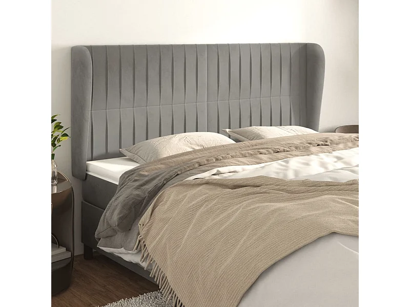 Cabecero | Cabezal de Cama | Mueble cabecero con orejas de terciopelo gris claro 183x23x118/128 cm