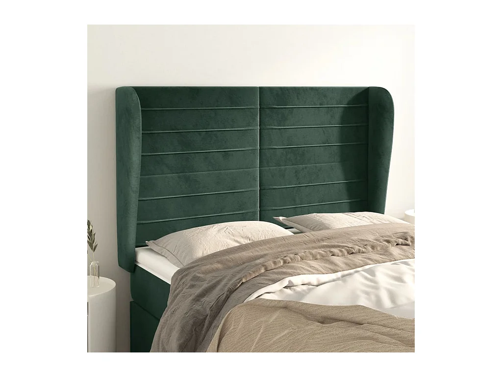 Cabecero | Cabezal de Cama | Mueble cabecero con orejas de terciopelo verde oscuro 147x23x118/128cm