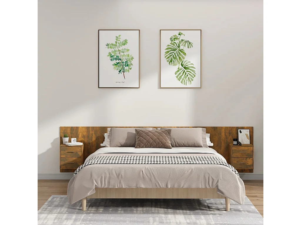 Mueble cabecero | Cabezal de cama | Cabecero de cama y mesitas madera contrachapada roble ahumado