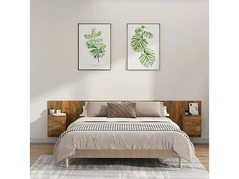 Mueble cabecero | Cabezal de cama | Cabecero de cama y mesitas madera contrachapada roble ahumado