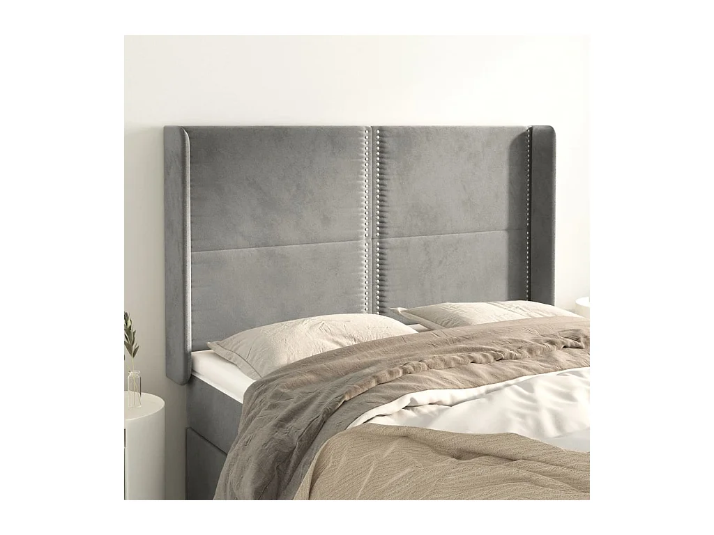 Cabecero | Cabezal de Cama | Mueble cabecero con orejas de terciopelo gris claro 147x16x118/128 cm