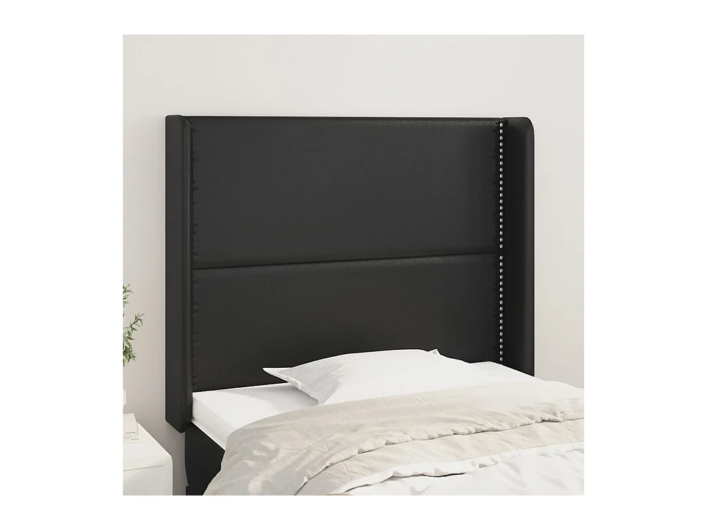 Cabecero | Cabezal de Cama | Mueble cabecero con orejas de cuero sintético negro 103x16x118/128 cm