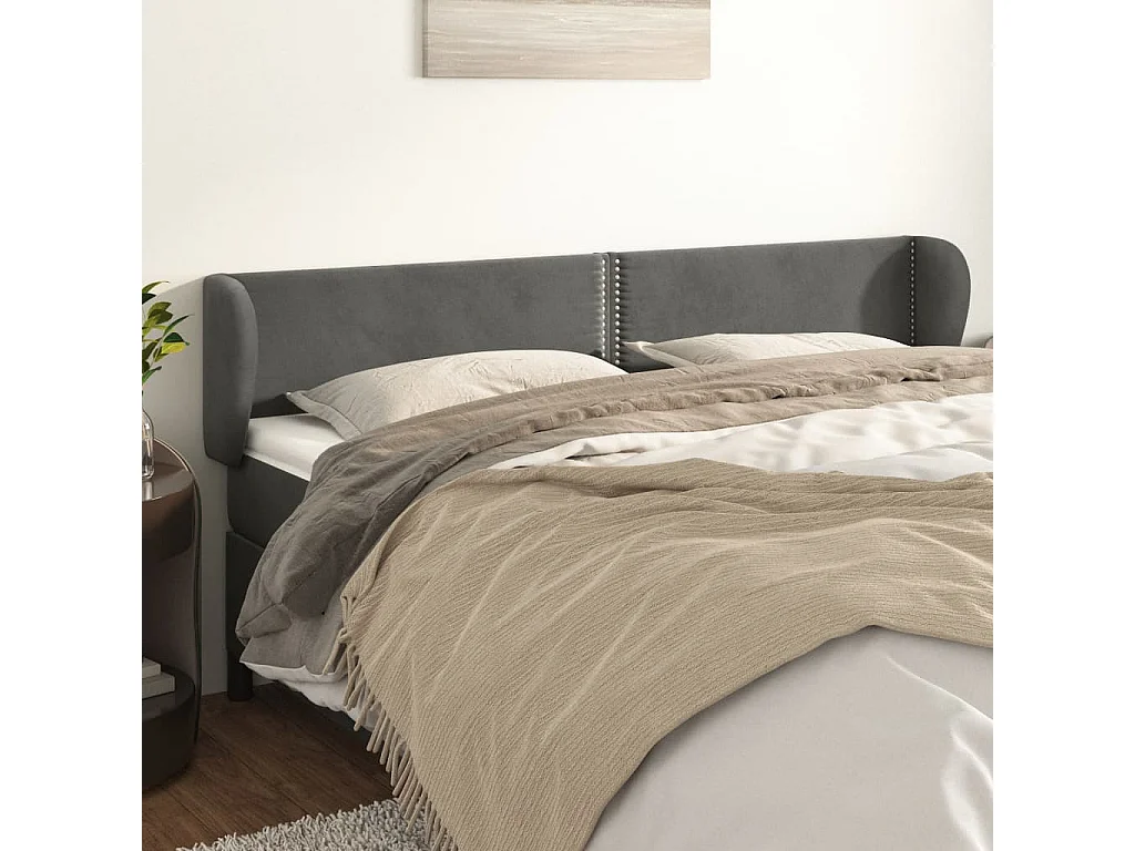Tête de Lit | Panneau de tête pour lit Moderne avec oreilles Gris foncé 183x23x78/88 cm Velours