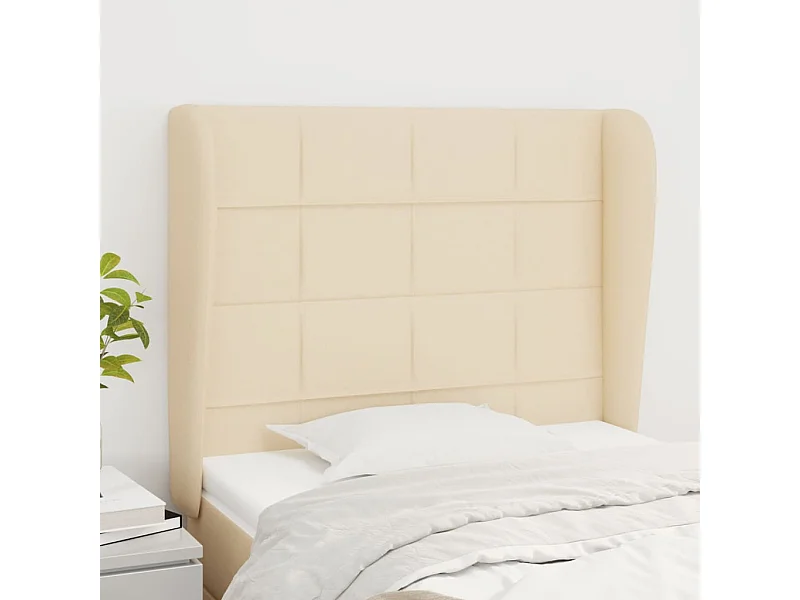 Cabecero | Cabezal de Cama | Mueble cabecero con orejas de tela color crema 83x23x118/128 cm