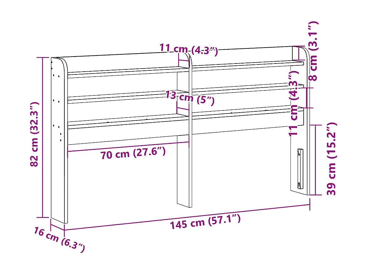 Cabecero de Cama | Cabezal de cama | Mueble de cabecero con estantes madera maciza pino marrón 135 cm