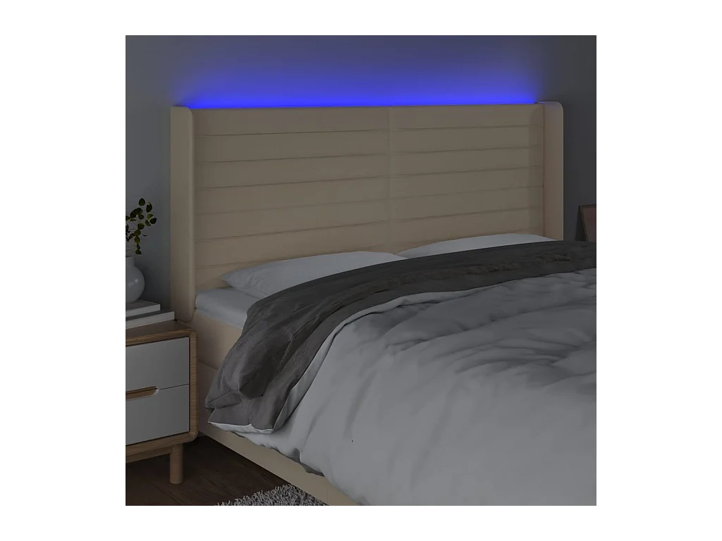 Mueble cabecero | Cabezal de cama | Cabecero con LED de tela color crema 163x16x118/128 cm