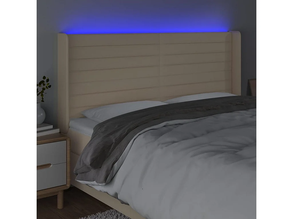 Mueble cabecero | Cabezal de cama | Cabecero con LED de tela color crema 163x16x118/128 cm