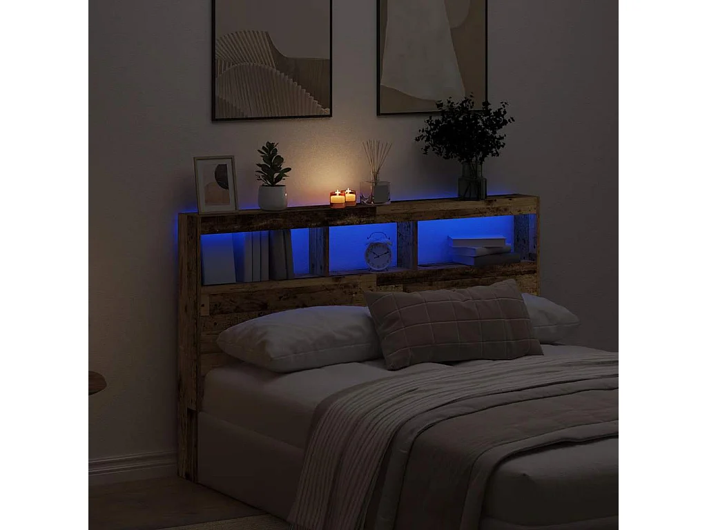 Cabecero de Cama | Cabezal de cama | Mueble de cabecero con LED madera vieja 160x17x102 cm