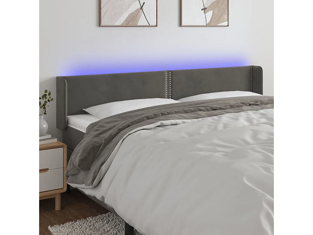 Tête de Lit | Panneau de tête pour lit Moderne à LED Gris foncé 203x16x78/88 cm Velours