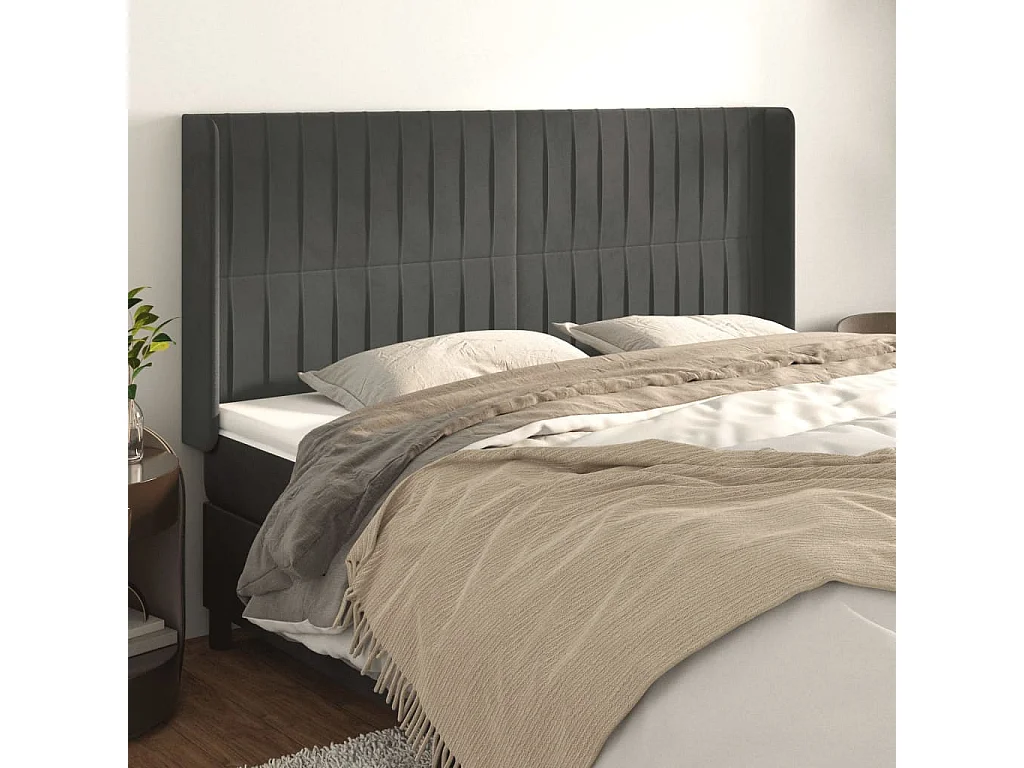 Tête de Lit | Panneau de tête pour lit Moderne avec oreilles Gris foncé 203x16x118/128 cm Velours