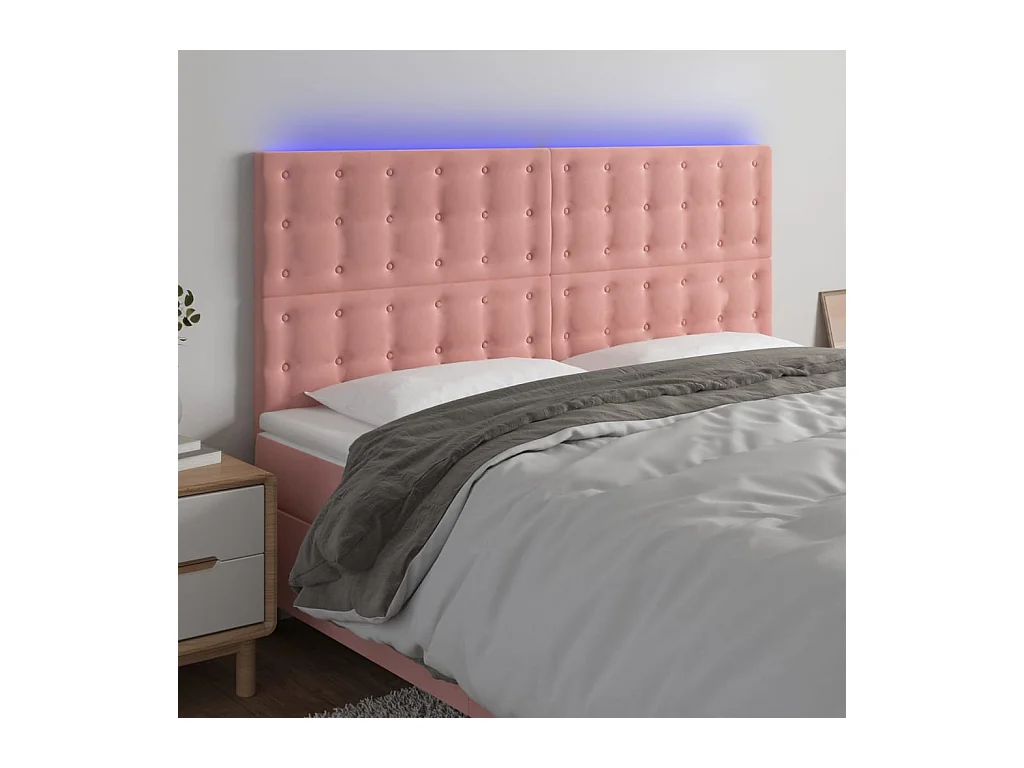Cabecero | Cabezal de Cama | Mueble cabecero con luces LED terciopelo rosa 200x5x118/128 cm