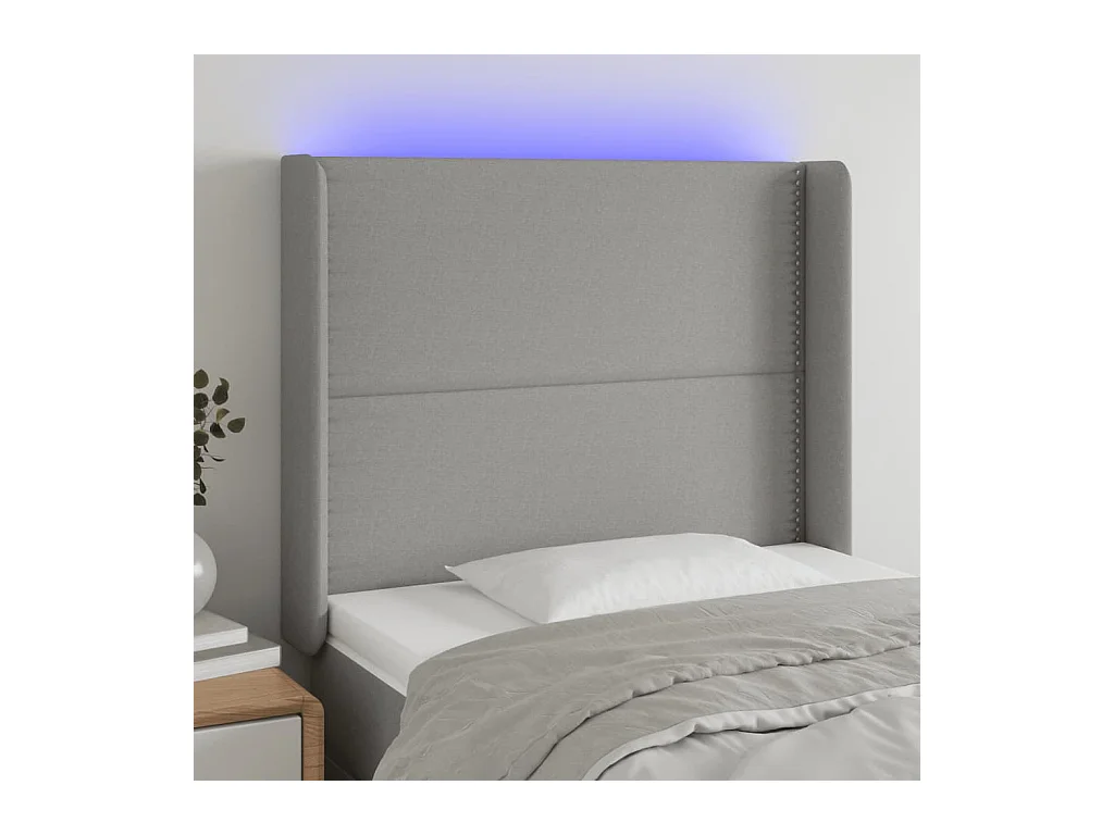 Mueble cabecero | Cabezal de cama | Cabecero con LED de tela gris claro 103x16x118/128 cm