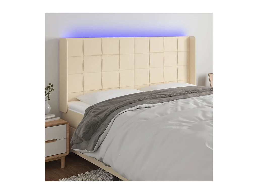 Mueble cabecero | Cabezal de cama | Cabecero con LED de tela color crema 183x16x118/128 cm