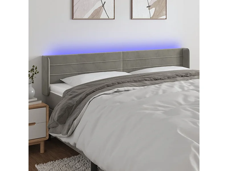 Tête de Lit | Panneau de tête pour lit Moderne à LED Gris clair 203x16x78/88 cm Velours