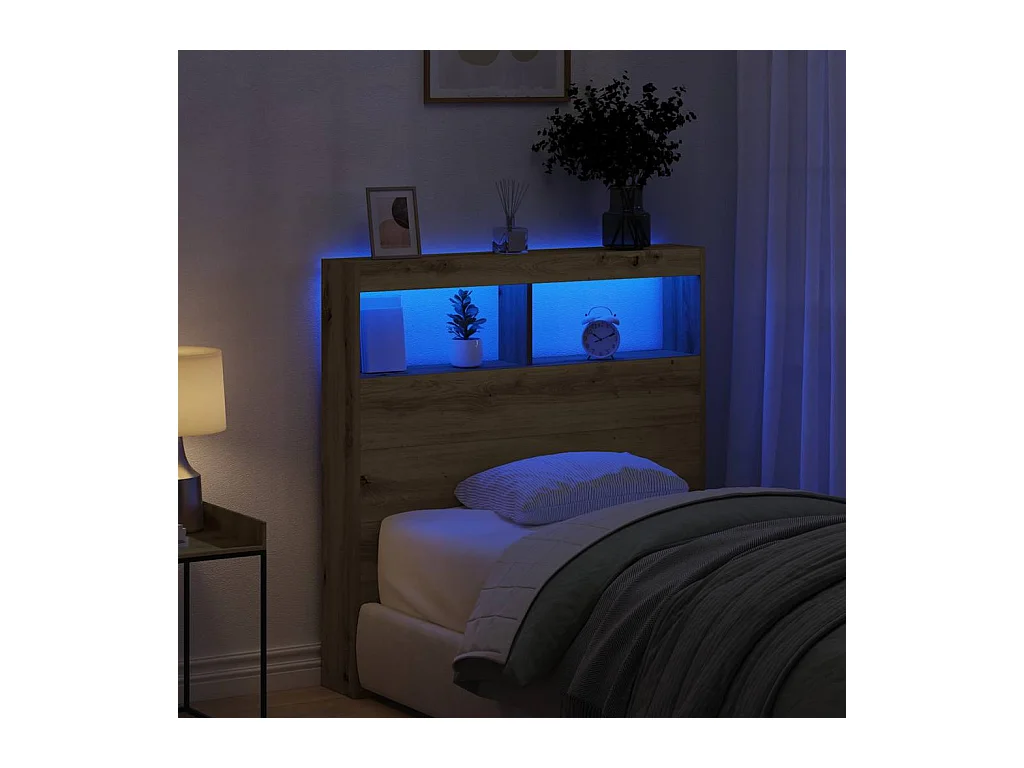 Cabecero de Cama | Cabezal de cama | Mueble de cabecero con LED roble artesanal 100x17x102 cm
