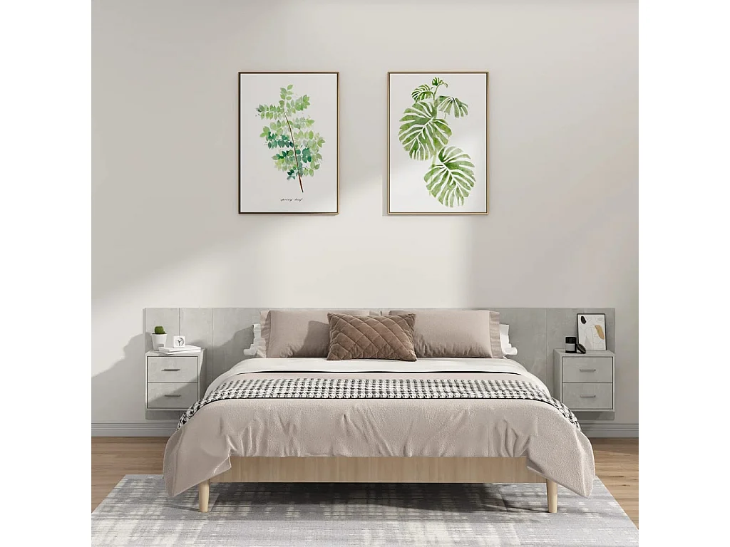 Mueble cabecero | Cabezal de cama | Cabecero de cama y mesitas madera contrachapada gris hormigón